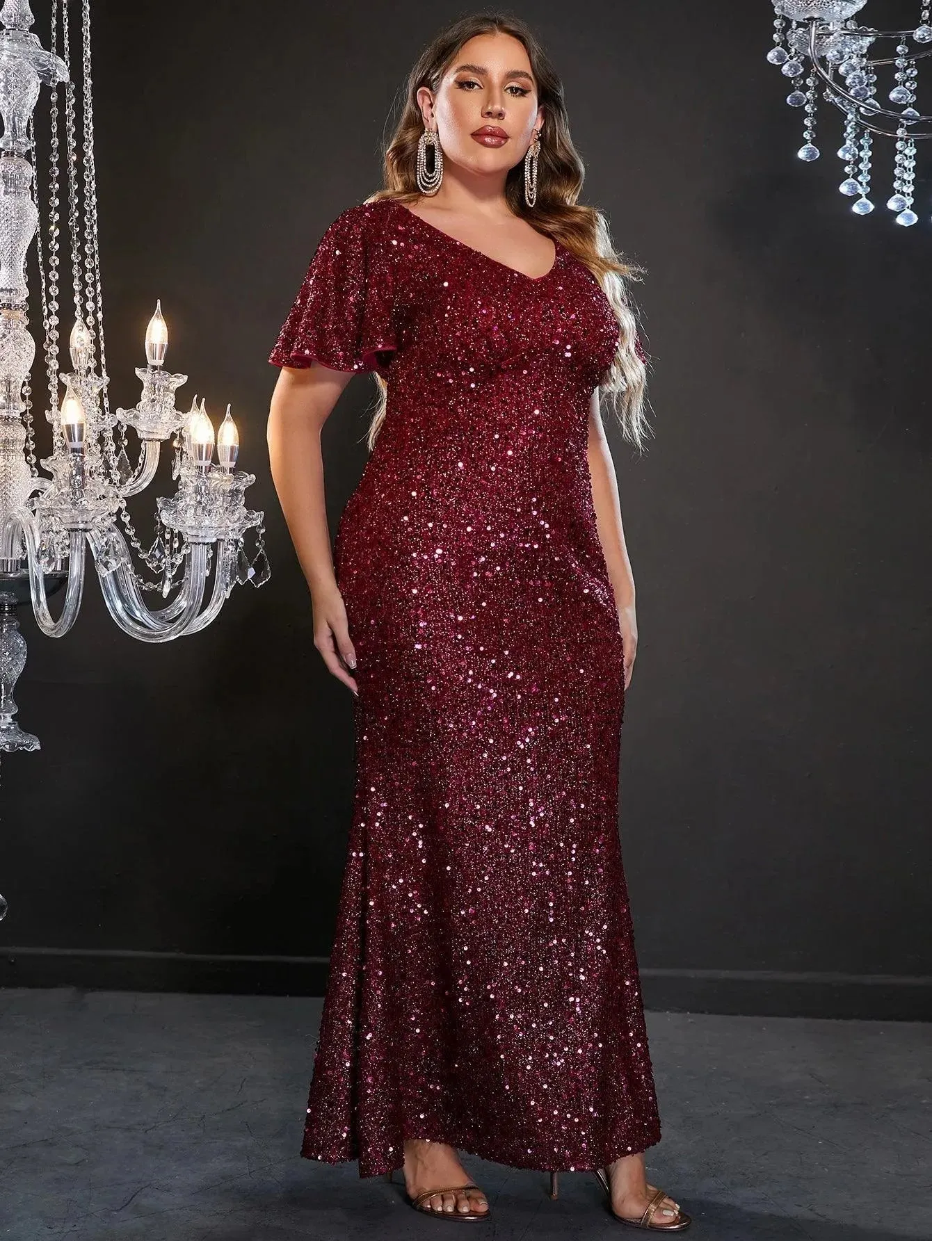 Plus Ruffle Sleeve V Neck Sequin Mermaid Dress