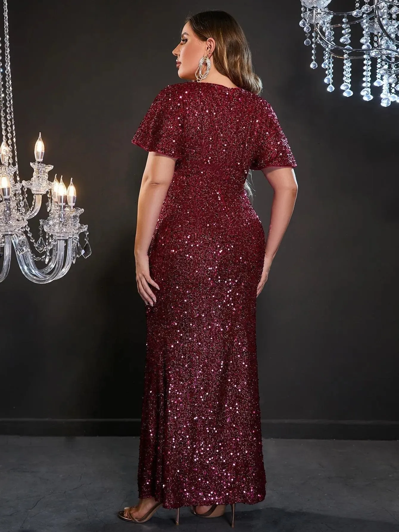 Plus Ruffle Sleeve V Neck Sequin Mermaid Dress