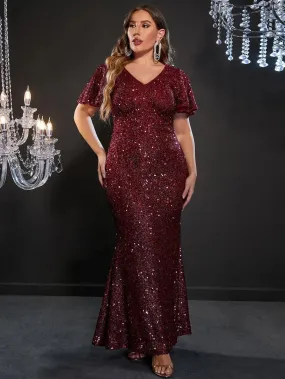 Plus Ruffle Sleeve V Neck Sequin Mermaid Dress