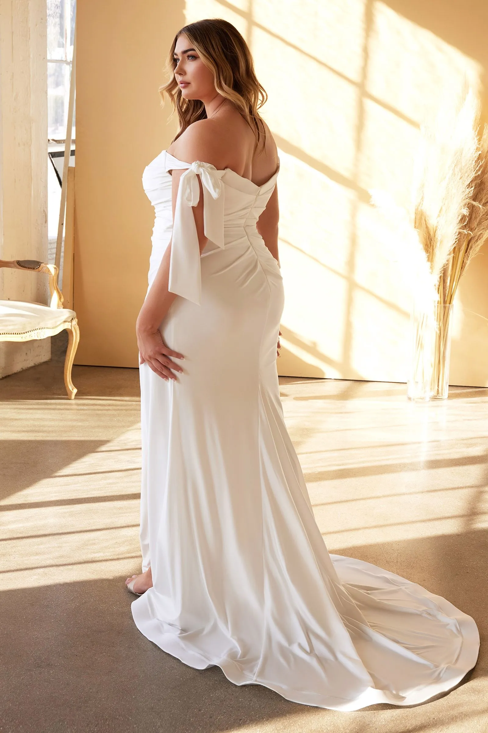 PLUS SIZE TIE SLEEVE PLEATED MERMAID GOWN