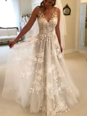 Popular Romantic V-neck Floral A-line Lace Wedding Dress