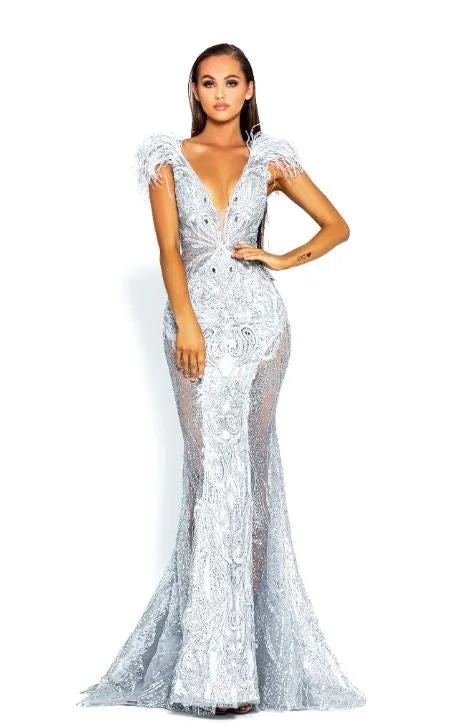 PORTIA & SCARLETT PS1986 Plunging V-Neck Dress with Feather Accents