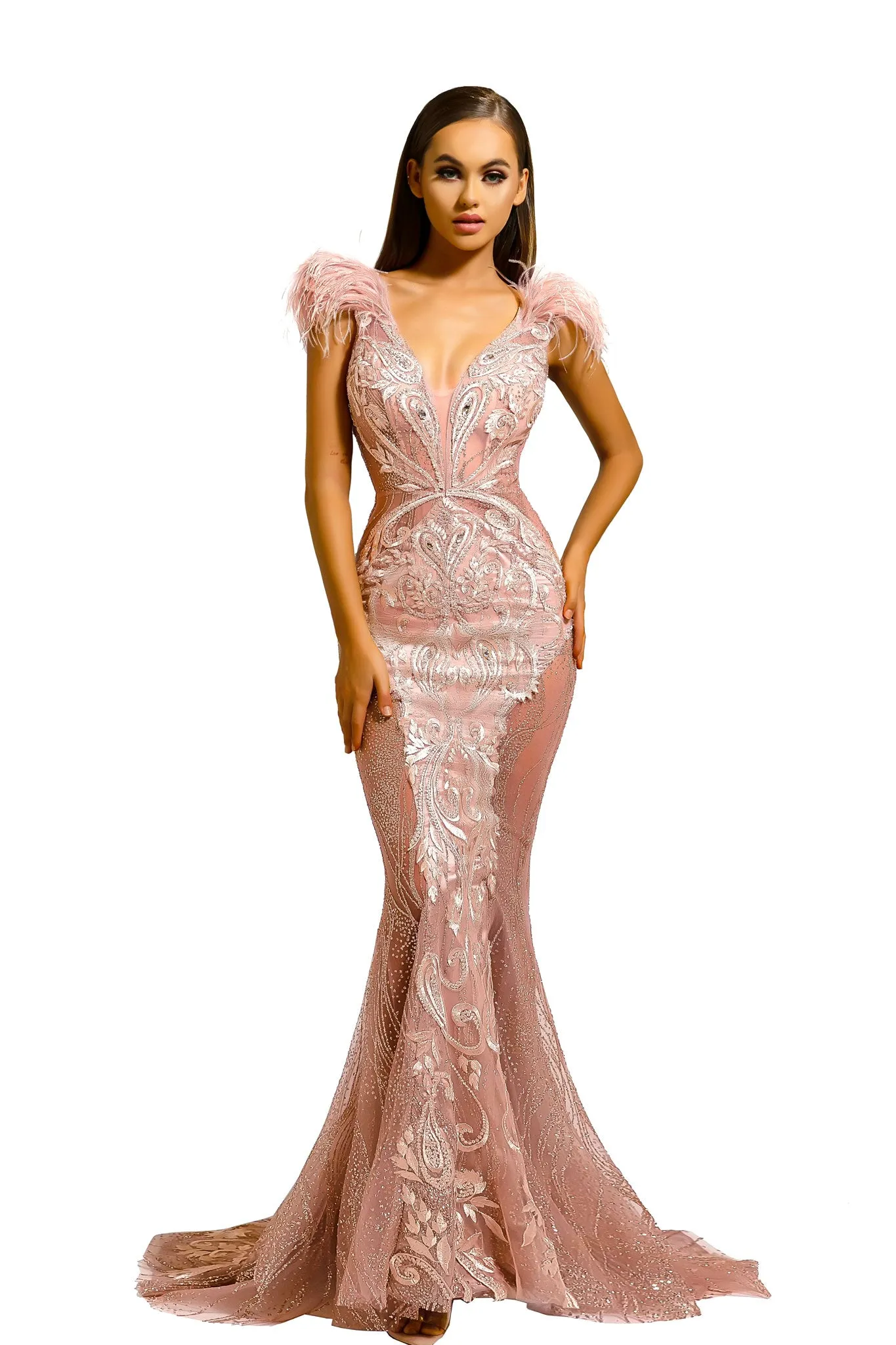 PORTIA & SCARLETT PS1986 Plunging V-Neck Dress with Feather Accents