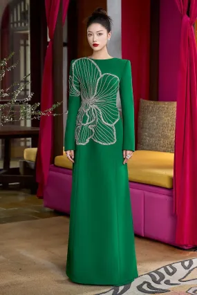 Radiai A-line Long Sleeved Velvet Satin Maxi Dress