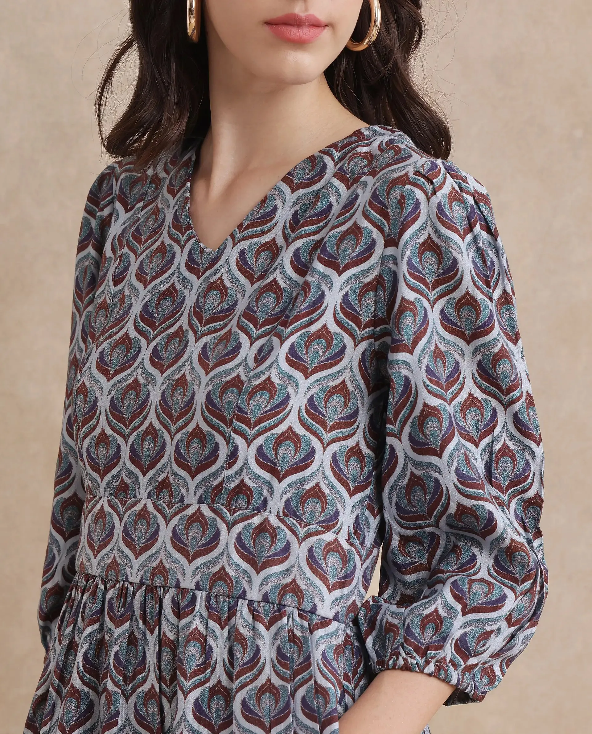 Rareism Women Thecon Blue Bishop Sleeves V-Neck Zipper Closure Fit And Flare Mini Abstract Print Dress