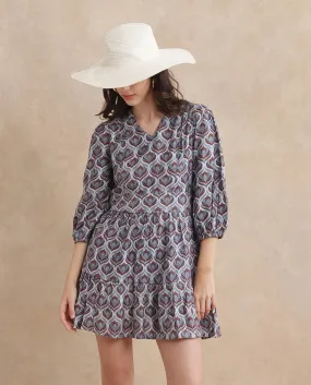 Rareism Women Thecon Blue Bishop Sleeves V-Neck Zipper Closure Fit And Flare Mini Abstract Print Dress