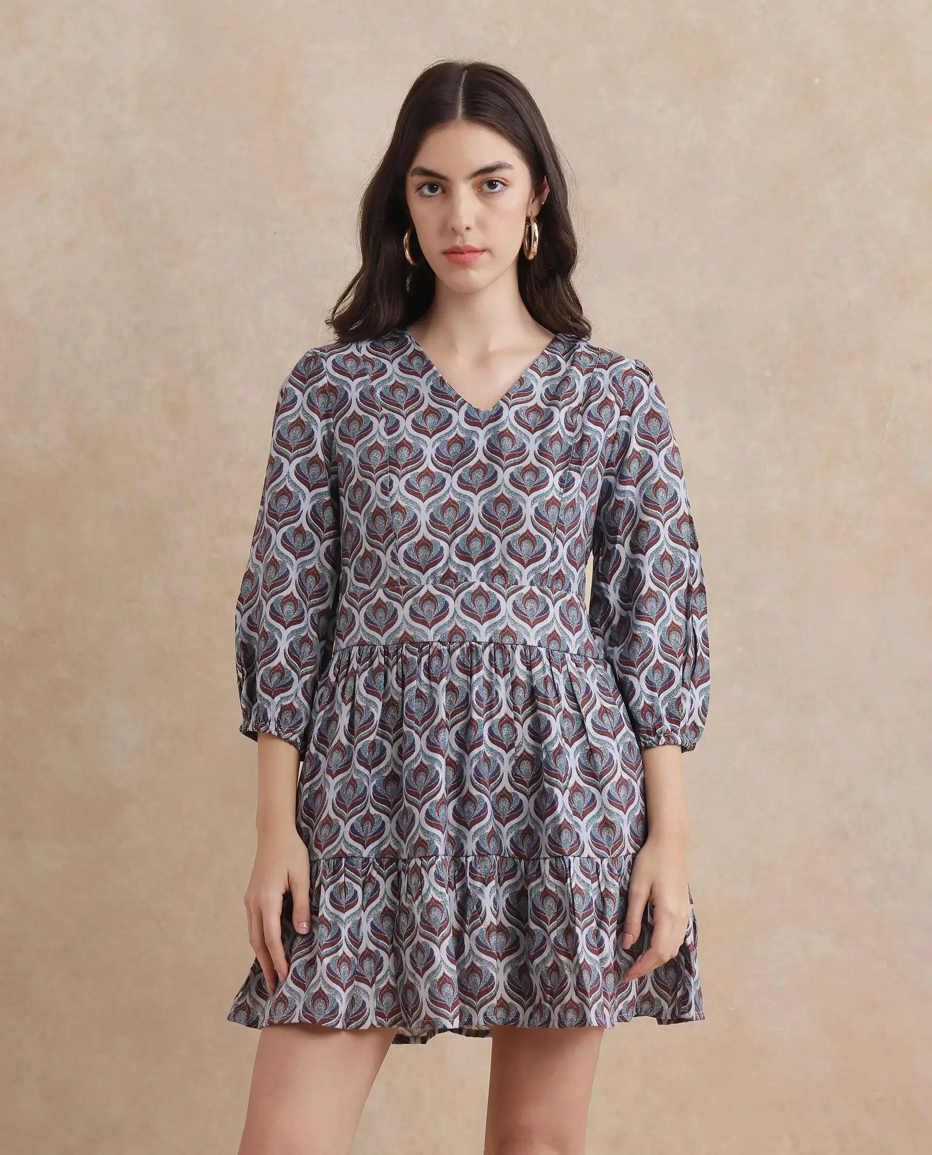 Rareism Women Thecon Blue Bishop Sleeves V-Neck Zipper Closure Fit And Flare Mini Abstract Print Dress