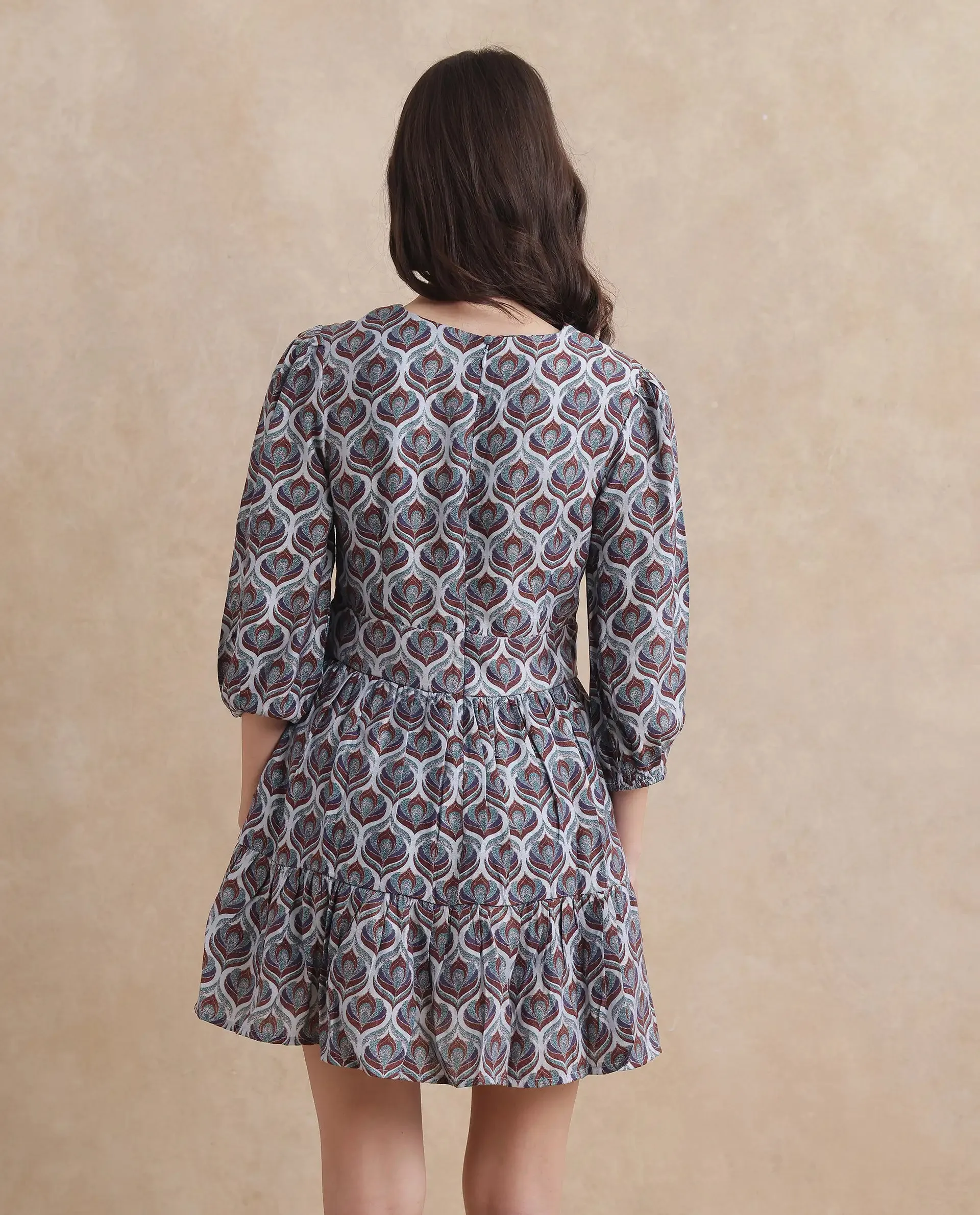Rareism Women Thecon Blue Bishop Sleeves V-Neck Zipper Closure Fit And Flare Mini Abstract Print Dress