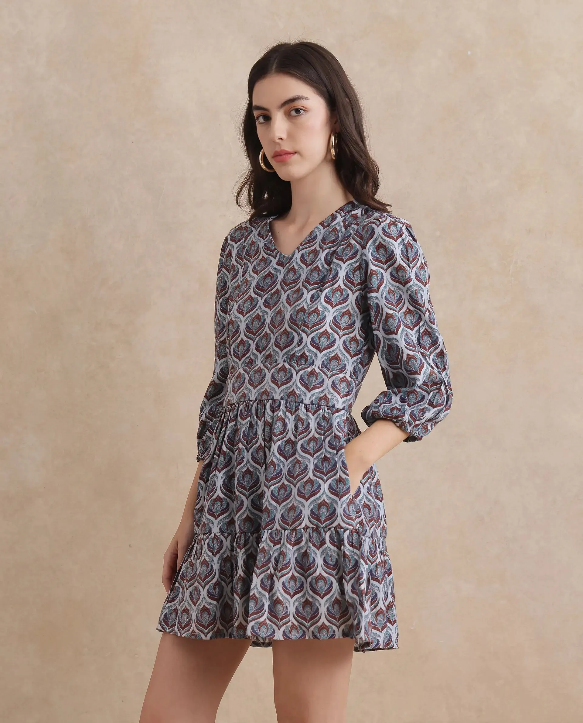 Rareism Women Thecon Blue Bishop Sleeves V-Neck Zipper Closure Fit And Flare Mini Abstract Print Dress