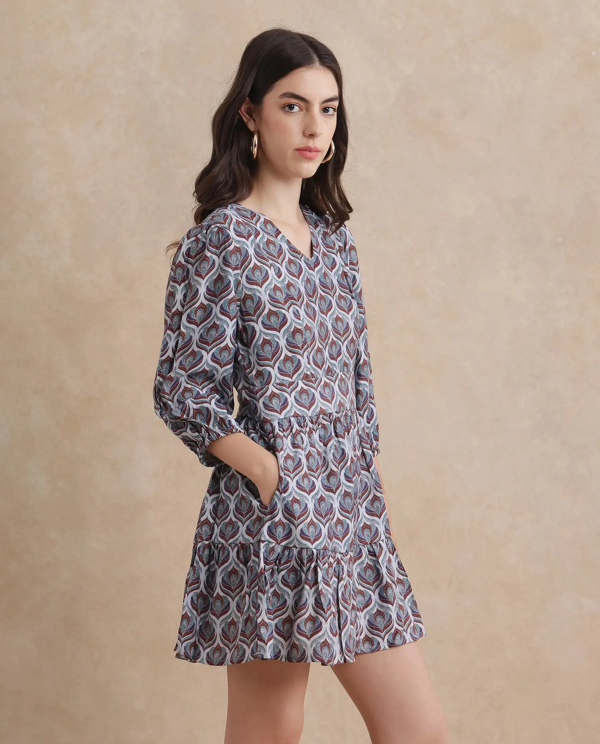 Rareism Women Thecon Blue Bishop Sleeves V-Neck Zipper Closure Fit And Flare Mini Abstract Print Dress