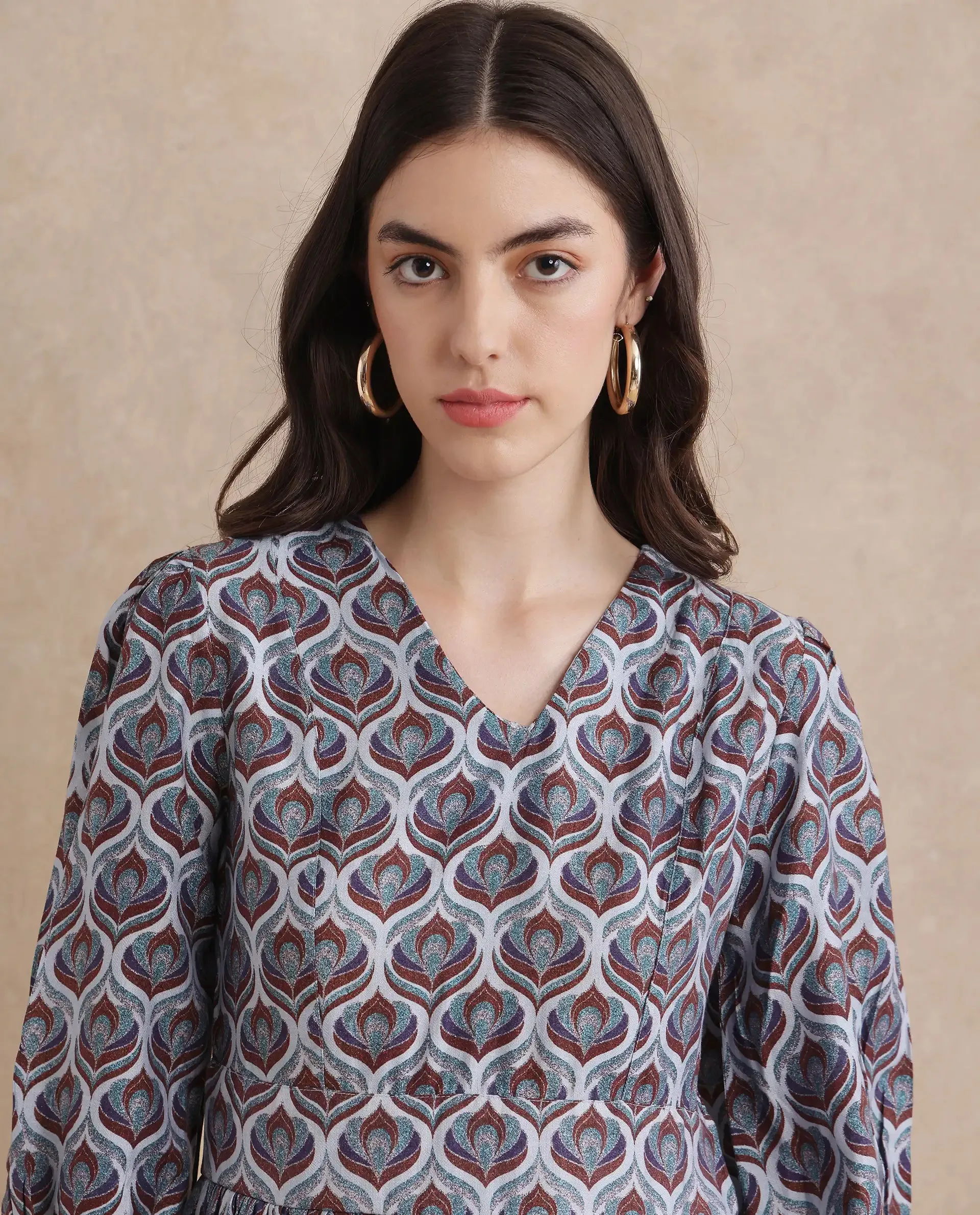 Rareism Women Thecon Blue Bishop Sleeves V-Neck Zipper Closure Fit And Flare Mini Abstract Print Dress