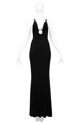 ROBERTO CAVALLI BLACK JERSEY EVENING GOWN WITH GOLD HARDWARE & JEWEL