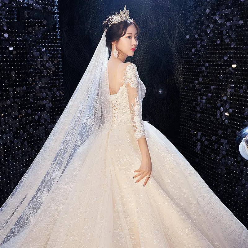 Romantic French Style V neck Lace Sleeves Wedding Dress