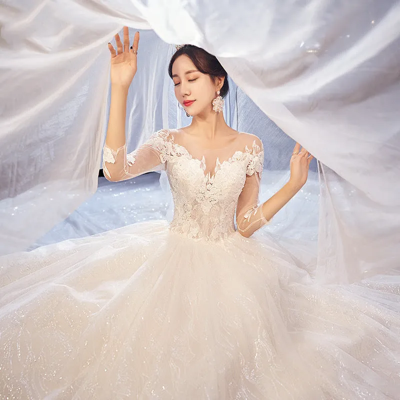 Romantic French Style V neck Lace Sleeves Wedding Dress