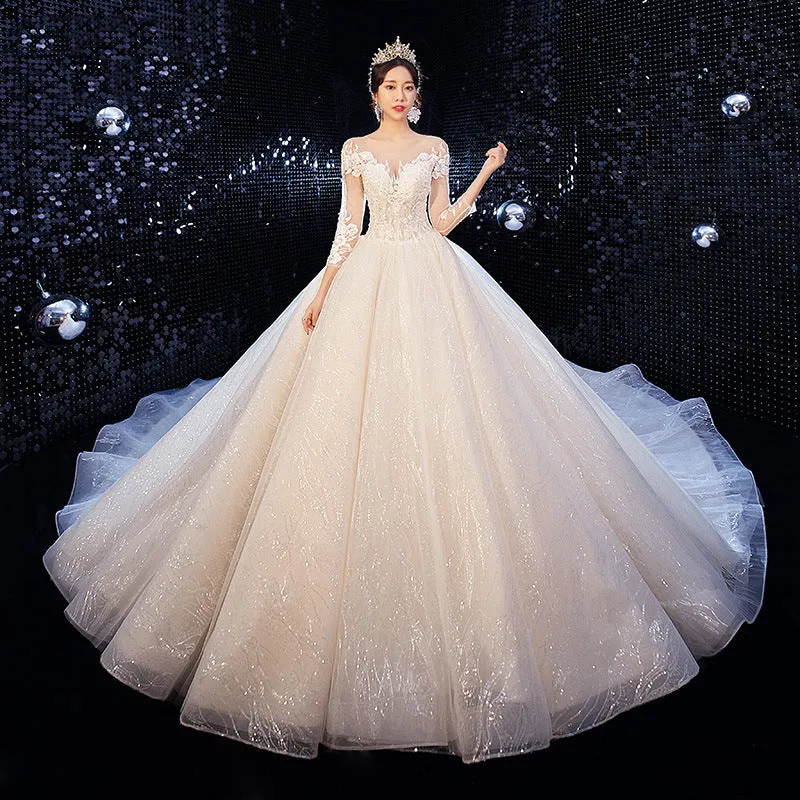 Romantic French Style V neck Lace Sleeves Wedding Dress