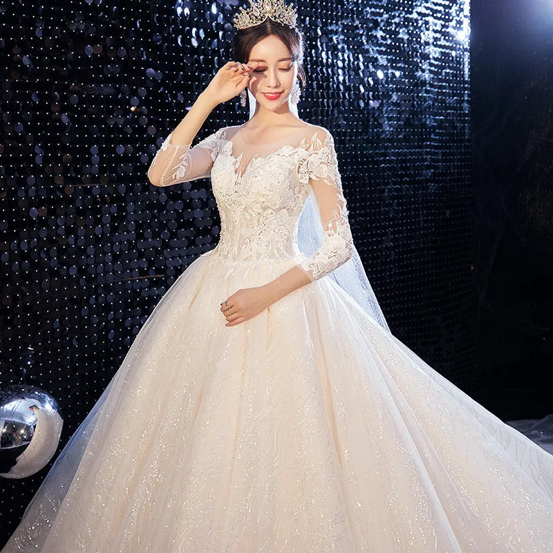 Romantic French Style V neck Lace Sleeves Wedding Dress