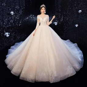 Romantic French Style V neck Lace Sleeves Wedding Dress