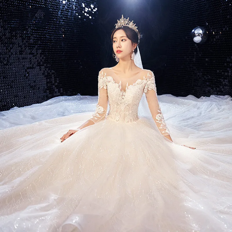 Romantic French Style V neck Lace Sleeves Wedding Dress