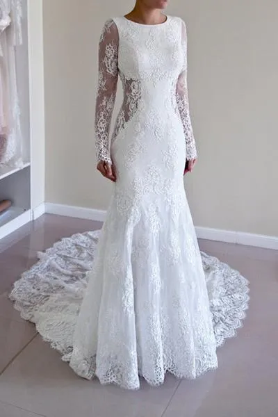 Romantic Lace Scoop Neckline Mermaid Wedding Dresses With Pleats WD017