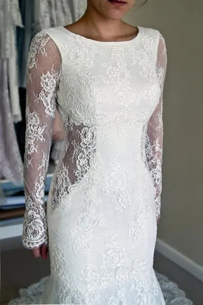 Romantic Lace Scoop Neckline Mermaid Wedding Dresses With Pleats WD017