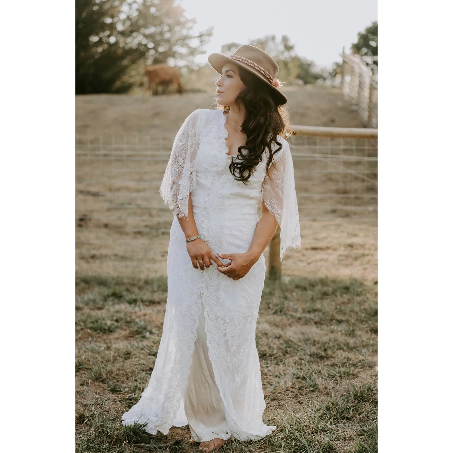 Rose Red Bridal / Lace Wedding Dress | Boho 70S Flutter Sleeve
