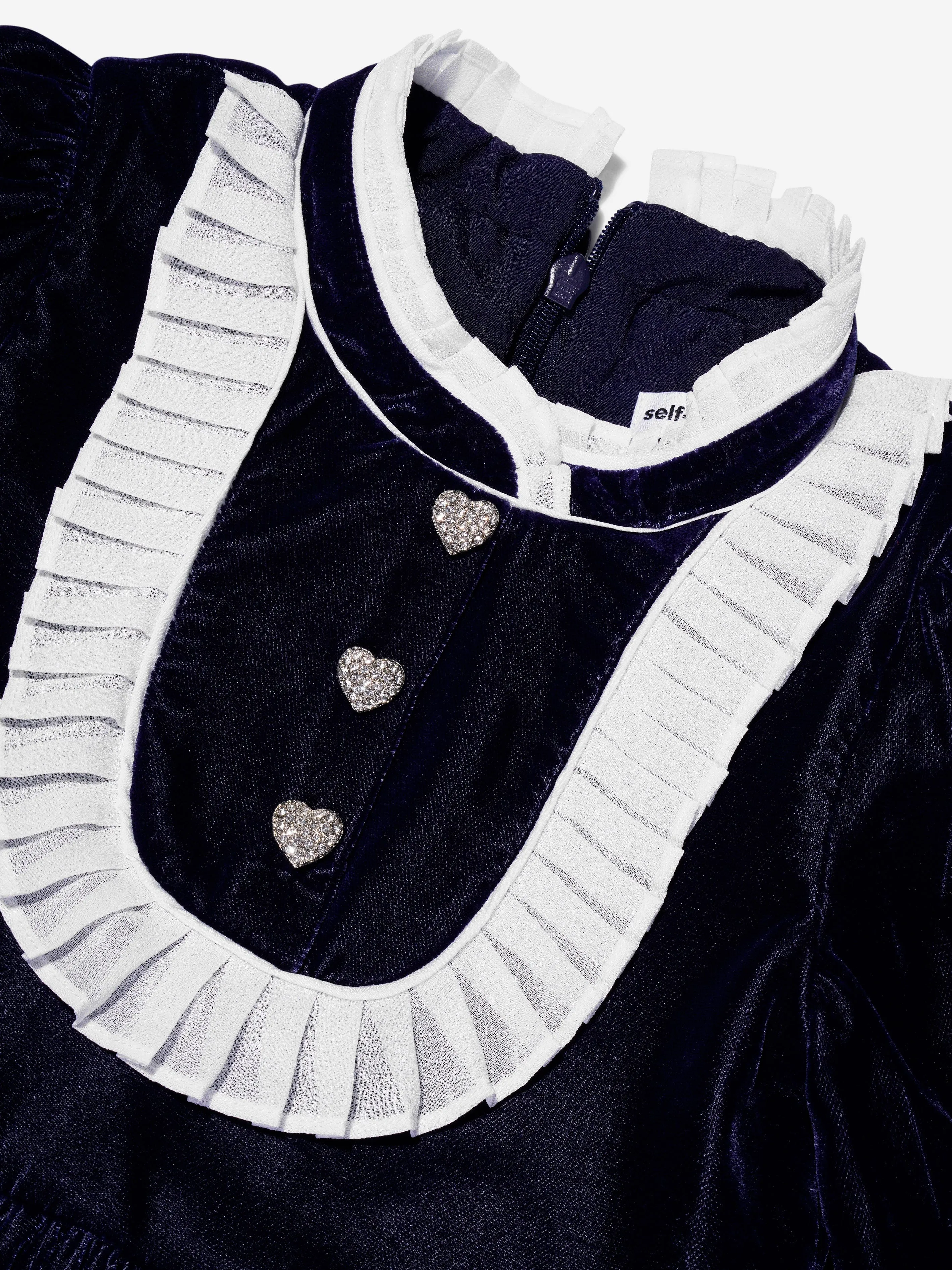 Self Portrait Girls Velvet Mini Dress in Navy
