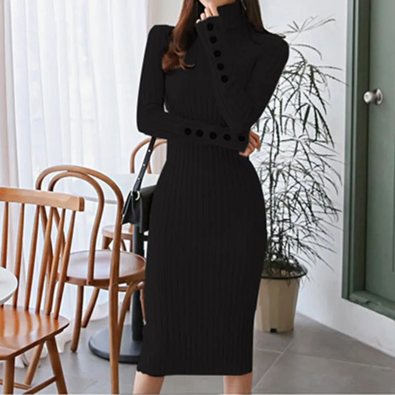 Sexy Bodycon Solid Dress Turtleneck Long