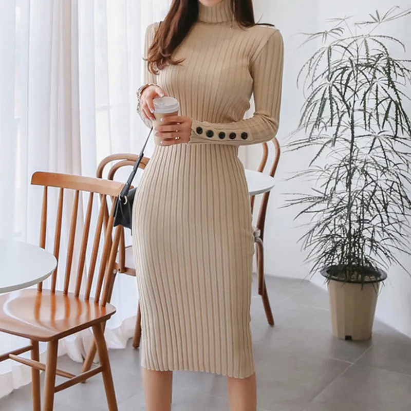 Sexy Bodycon Solid Dress Turtleneck Long