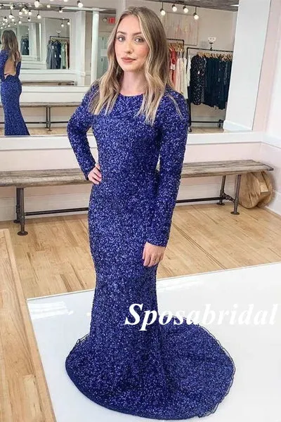 Sexy Sequin Round Neck Long Sleeves Backless Mermaid Long Prom Dresses, PD3750