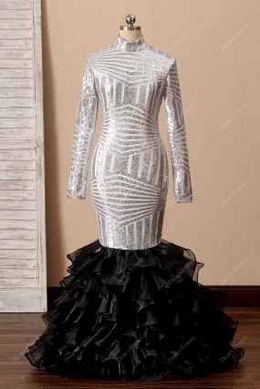 Silver Sequin Black Ruffled Organza Unique Two-Tone Prom Dress