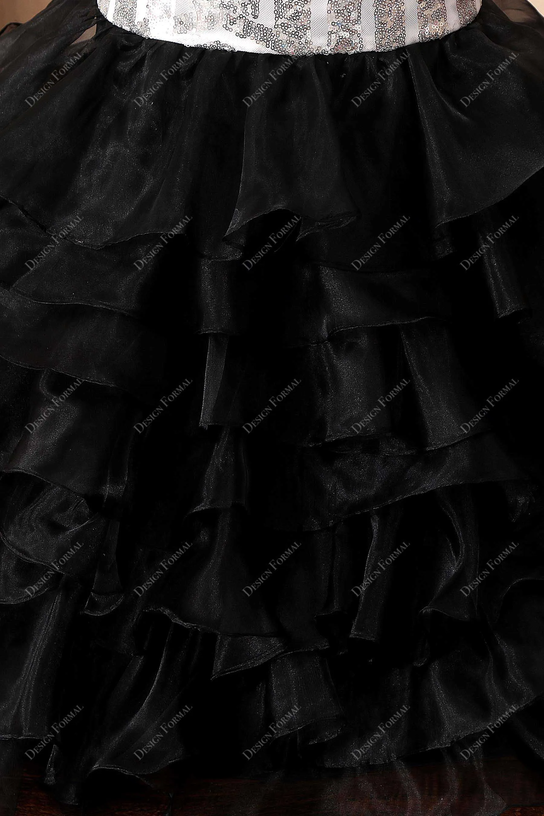 Silver Sequin Black Ruffled Organza Unique Two-Tone Prom Dress
