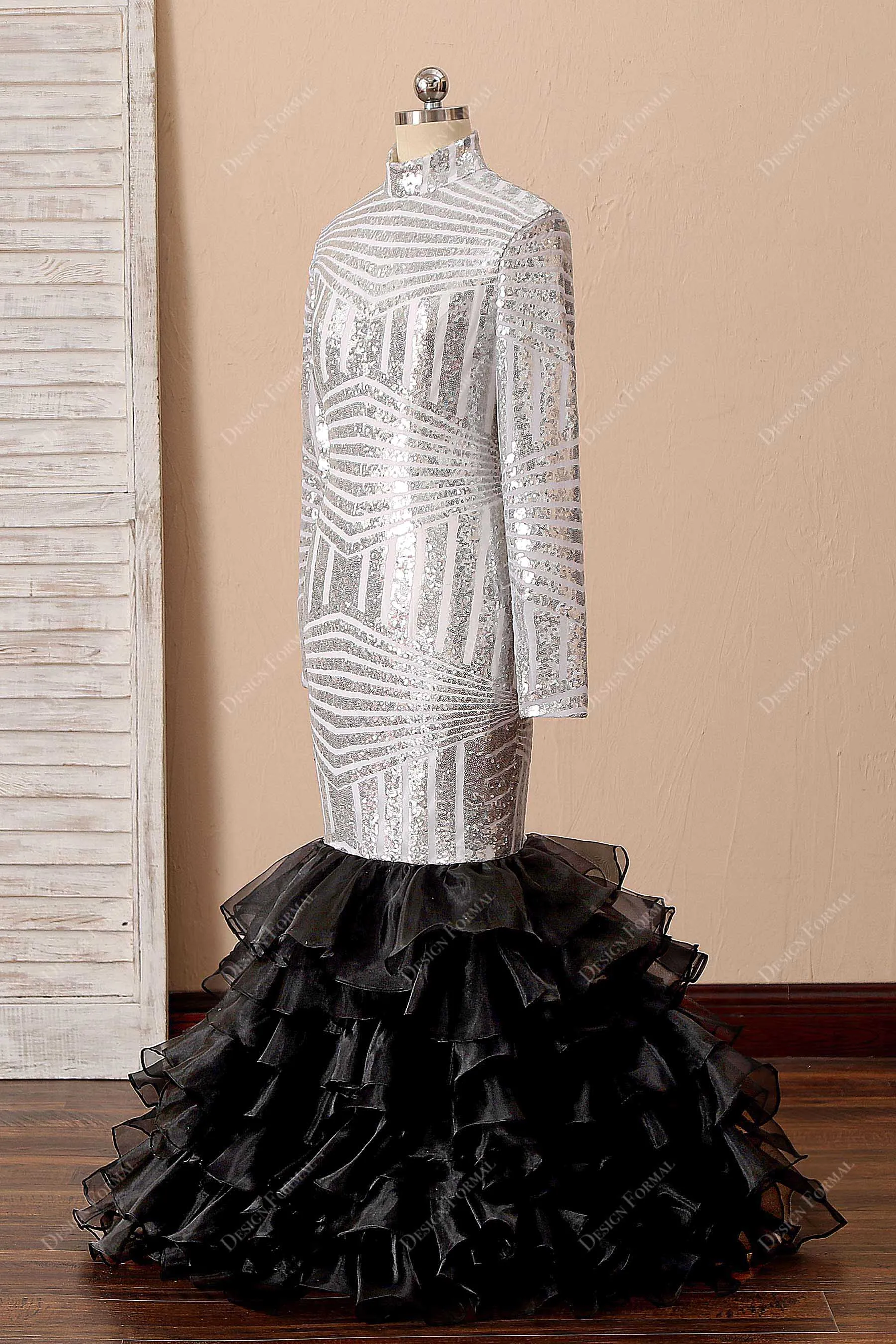 Silver Sequin Black Ruffled Organza Unique Two-Tone Prom Dress
