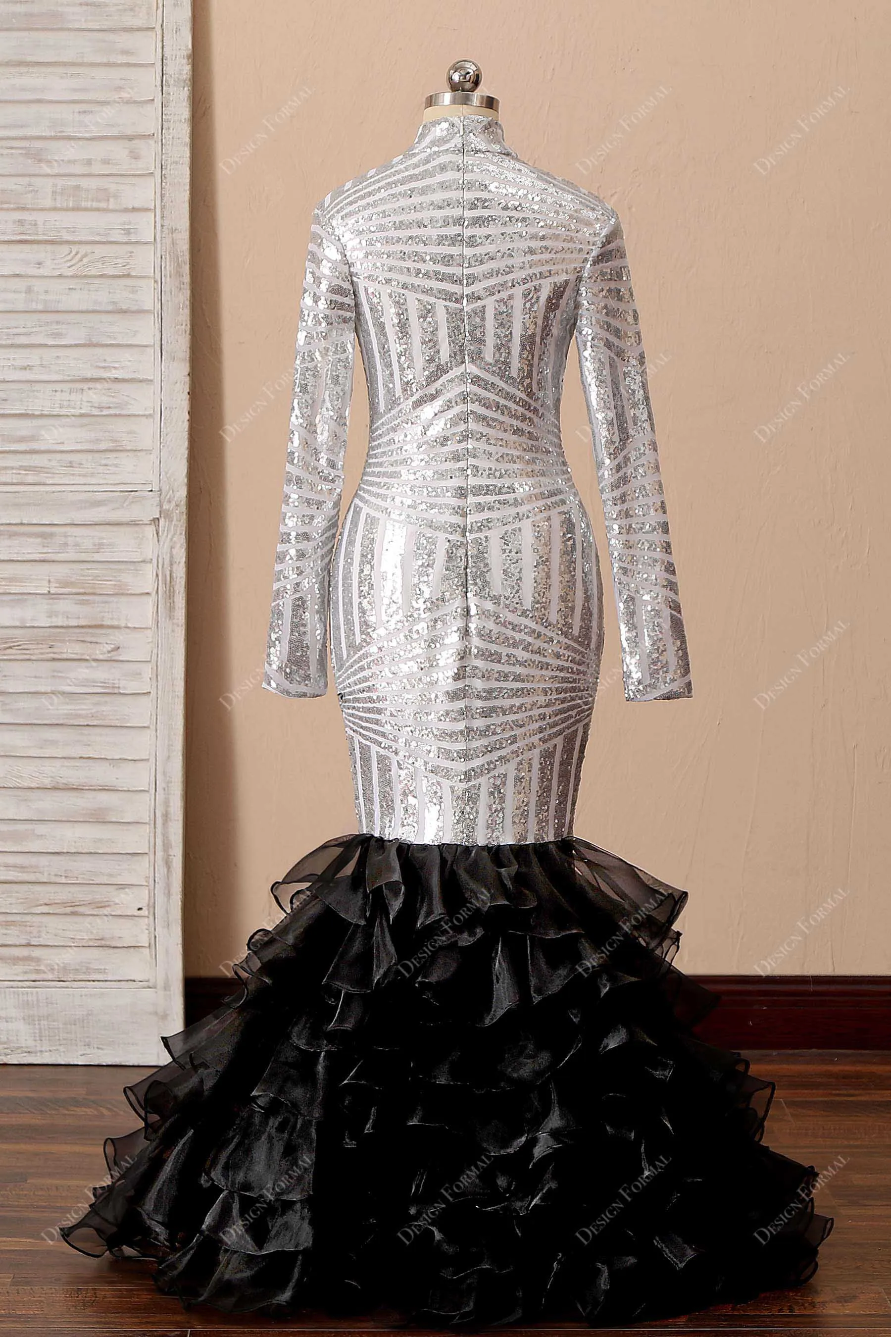Silver Sequin Black Ruffled Organza Unique Two-Tone Prom Dress