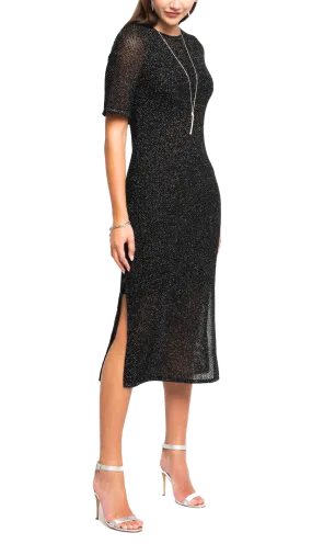 Simona Shimmer Mesh Knit Short Sleeved Long Dress; Black Silver