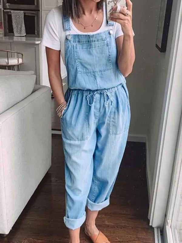Simple Casual Drawstring Denim Overall