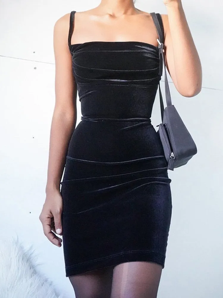 Sleek Black Velvet Sleeveless Sheath Dress with Spaghetti Straps