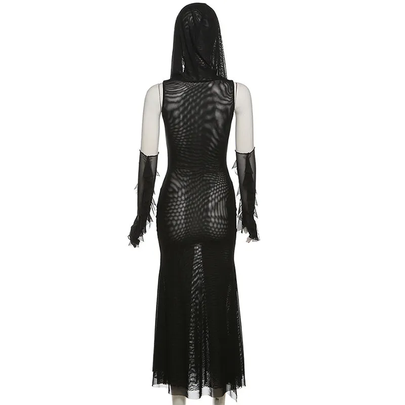 Sleeveless solid mesh slit gloves hoodie midi dress