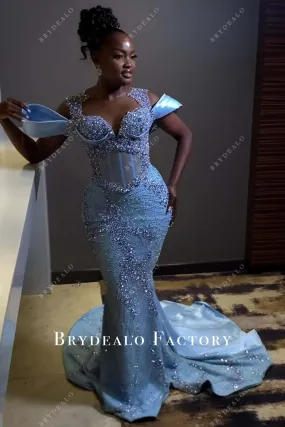 Sparkly Rhinestones Blue Mermaid Long Train Prom Dress