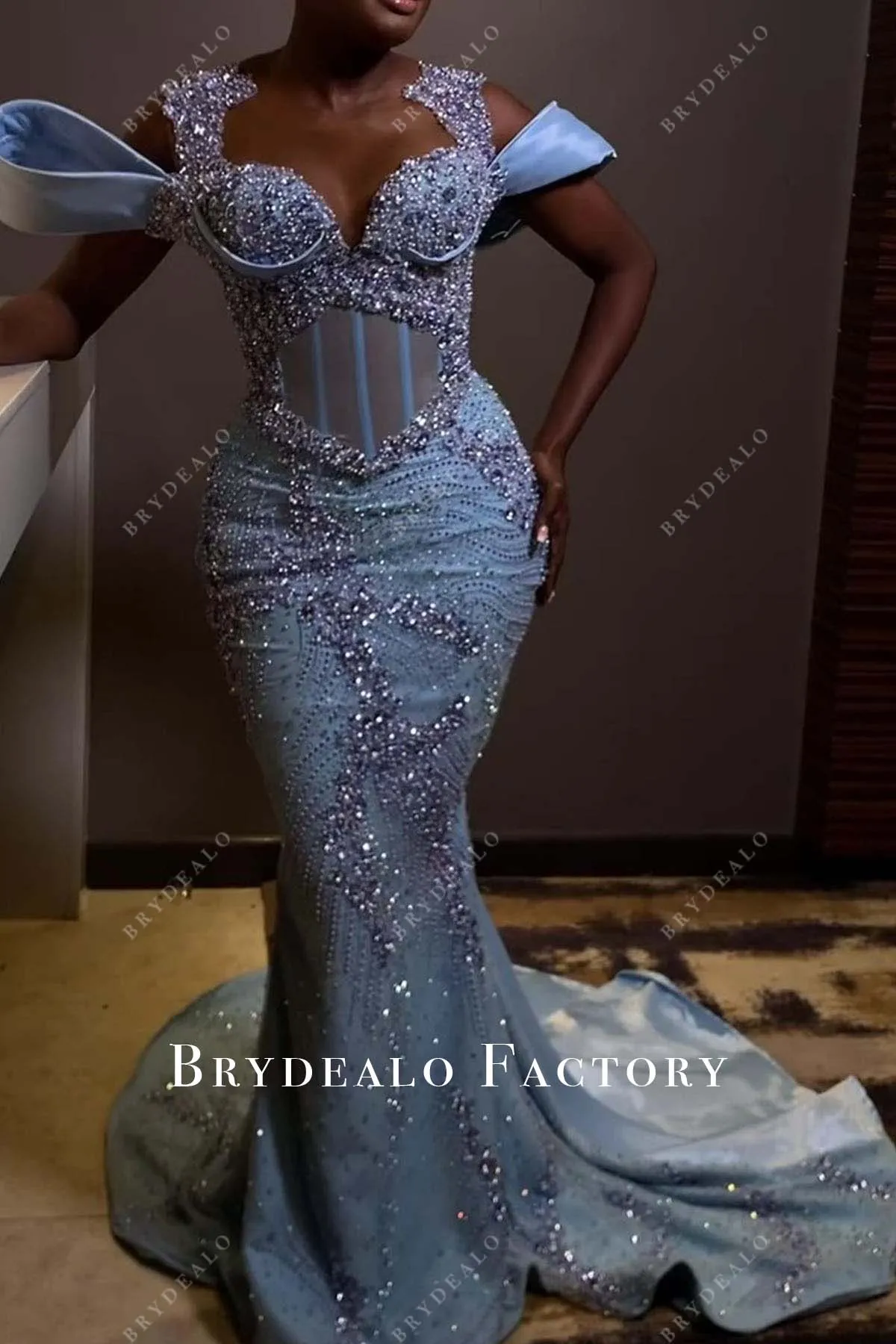 Sparkly Rhinestones Blue Mermaid Long Train Prom Dress
