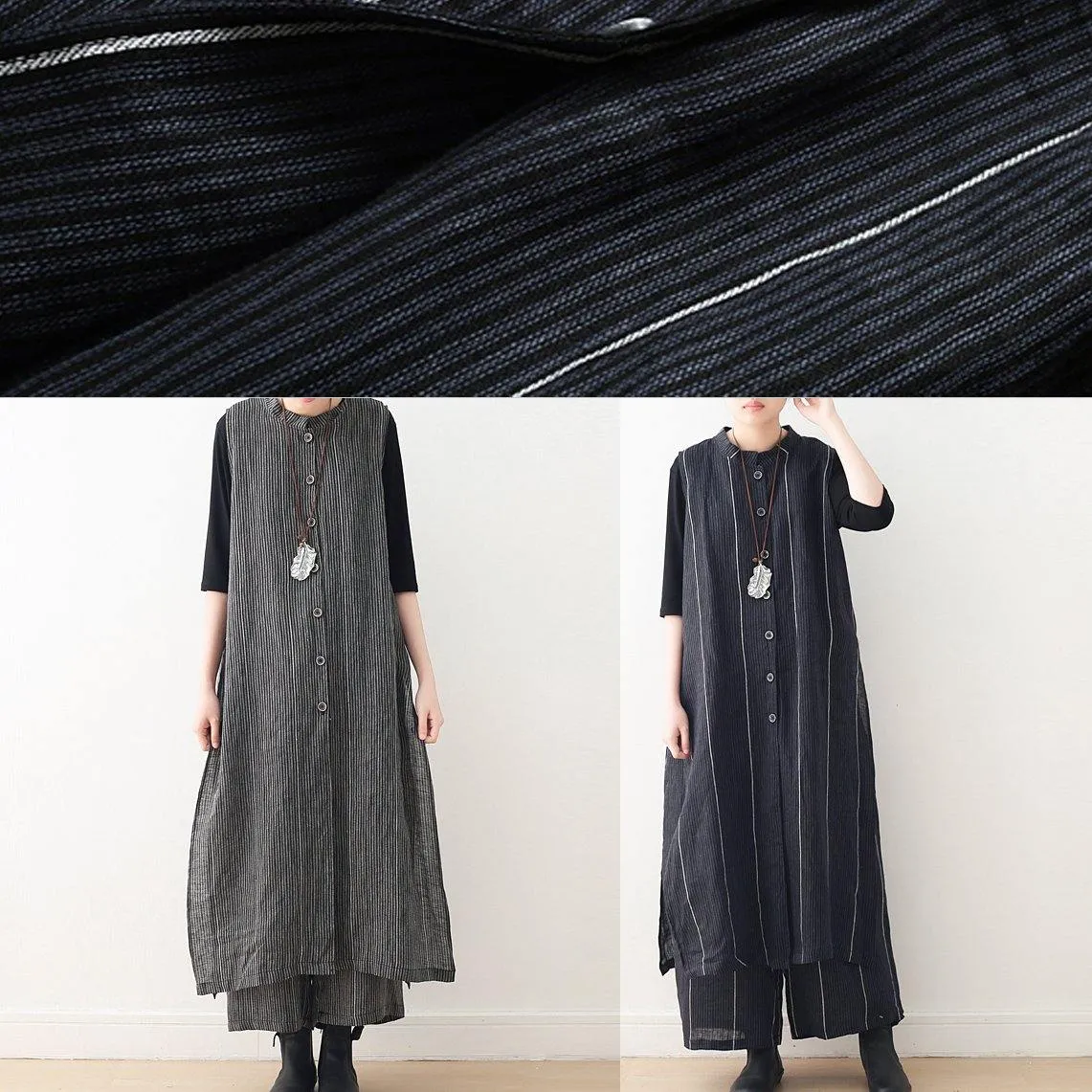 Spring cotton and linen art fresh gray striped two-piece suit cardigan wide leg pants