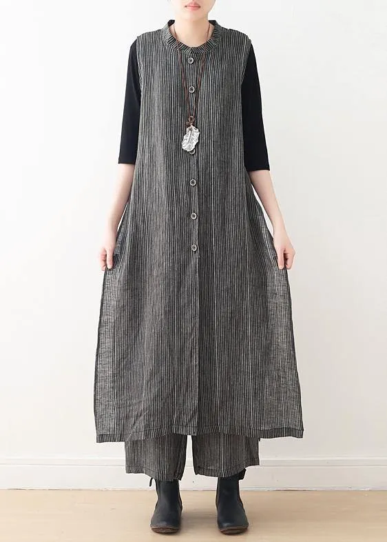 Spring cotton and linen art fresh gray striped two-piece suit cardigan wide leg pants