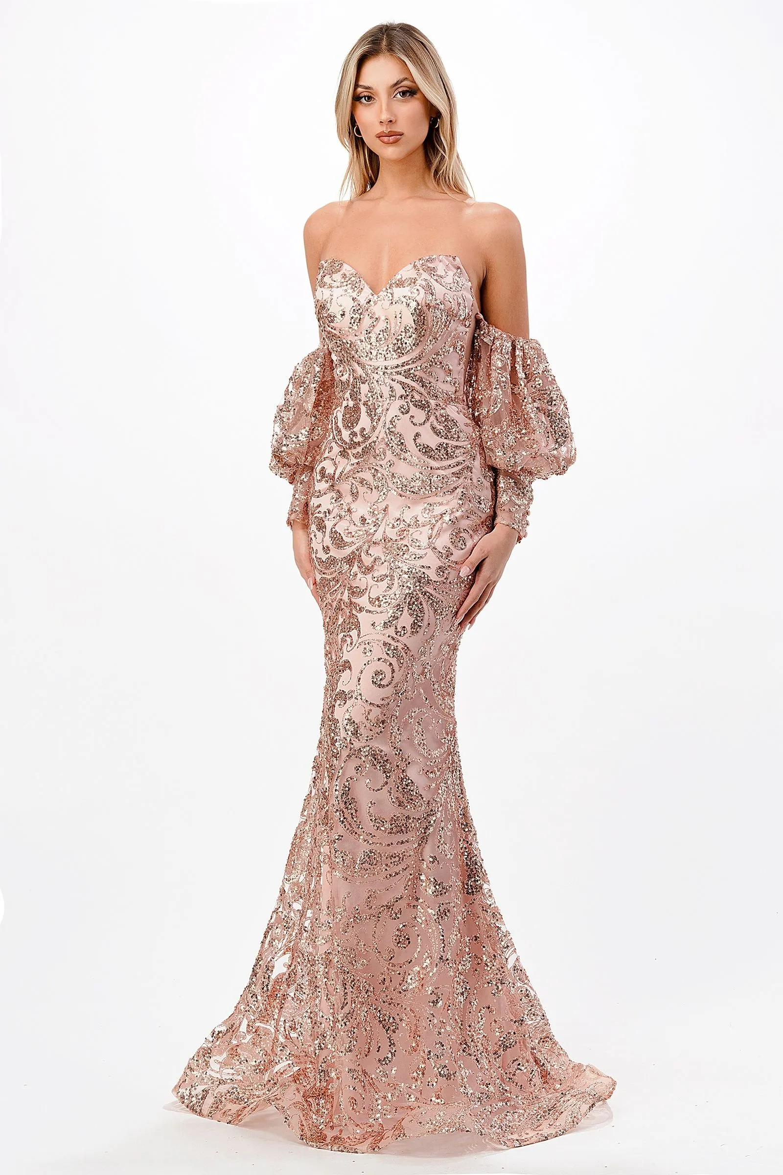 STRAPLESS FITTED GLITTER GOWN