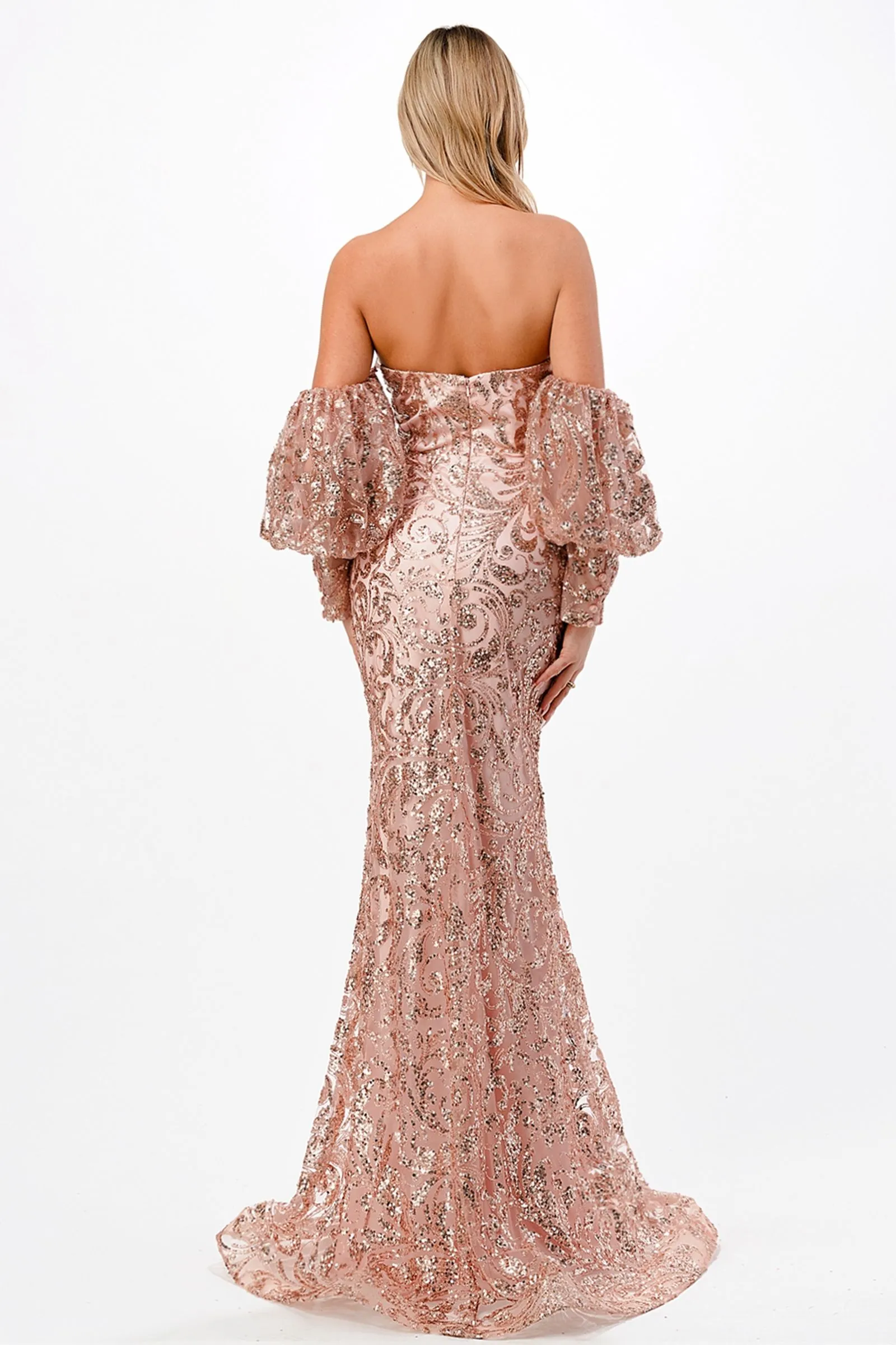 STRAPLESS FITTED GLITTER GOWN