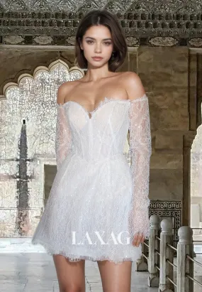 Sweetheart Off-Shoulder Long-Sleeves Beaded Allover Lace Cutout Boho Beach A-Line Short Wedding Dress
