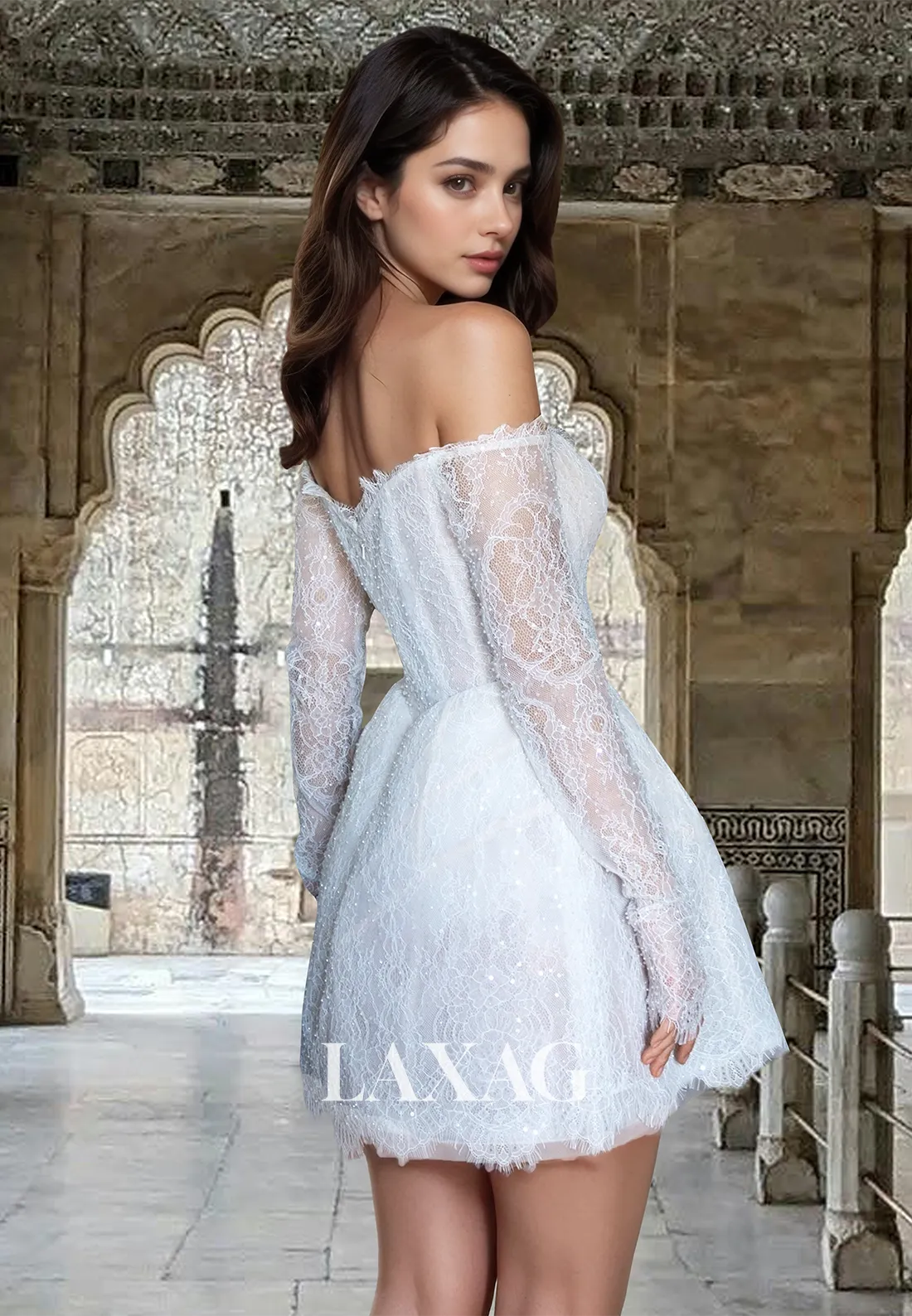 Sweetheart Off-Shoulder Long-Sleeves Beaded Allover Lace Cutout Boho Beach A-Line Short Wedding Dress