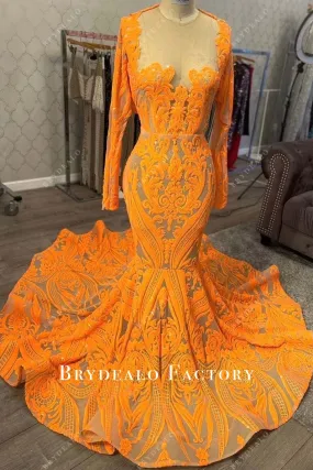 Tangerine Embroidery Sequin Long Sleeve Mermaid Prom Dress