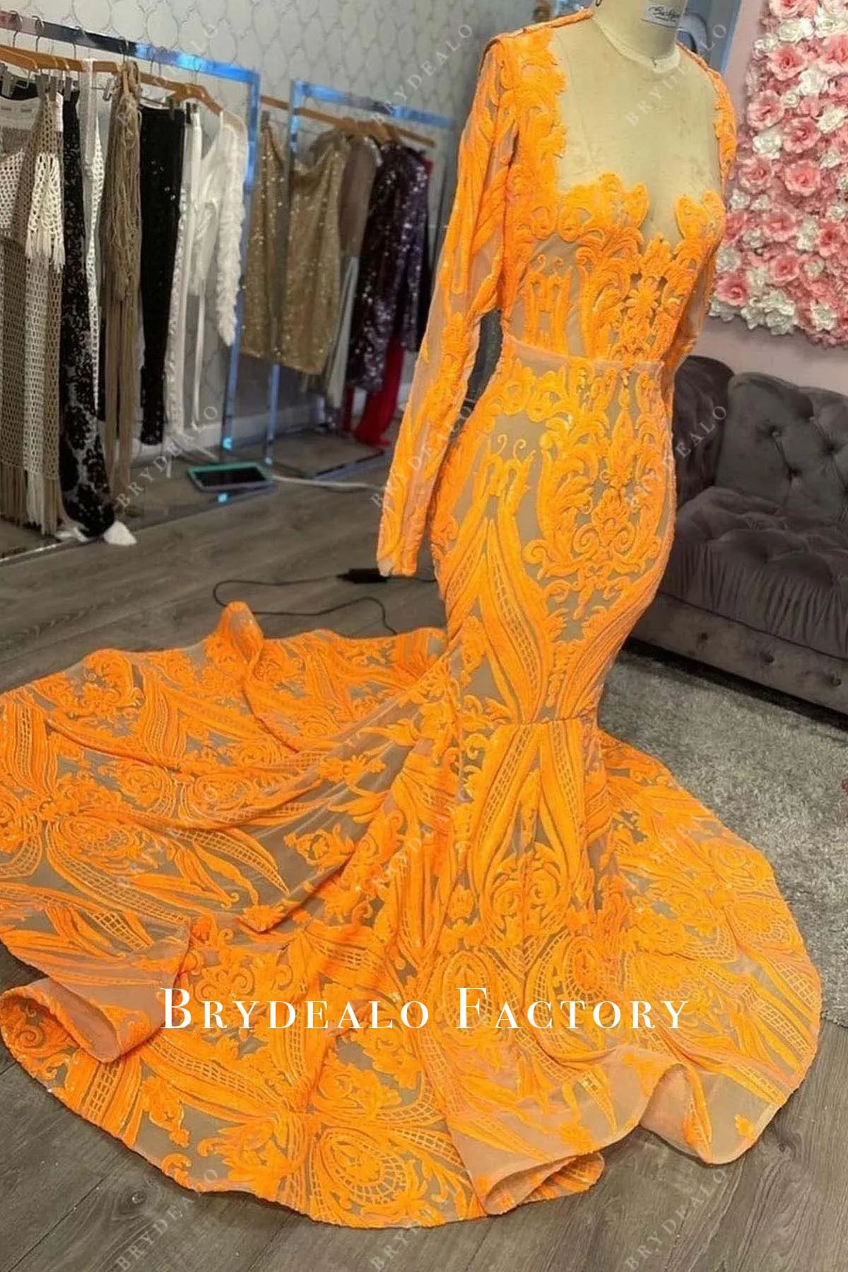 Tangerine Embroidery Sequin Long Sleeve Mermaid Prom Dress