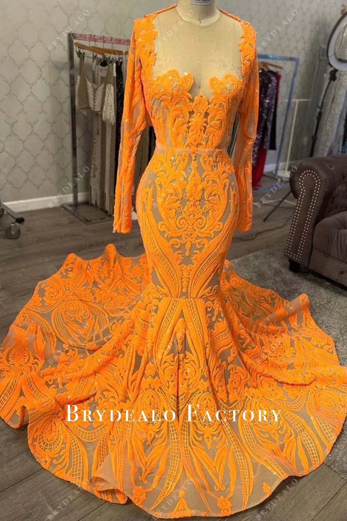 Tangerine Embroidery Sequin Long Sleeve Mermaid Prom Dress