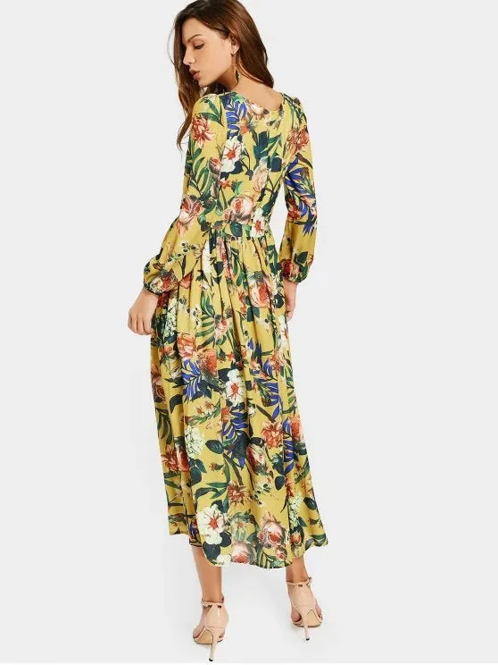 TastyHottie - Cute Round Collar Floral Print Long Sleeve Dress