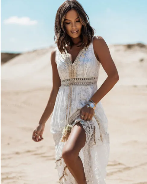 TastyHottie - V-Neck Tasseled Lace Ankle-Length Dress
